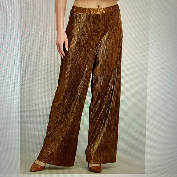 French Connection Taina Metallic Bronze Pleated Jersey Wide Leg Pants Size S - Picture 15 of 16